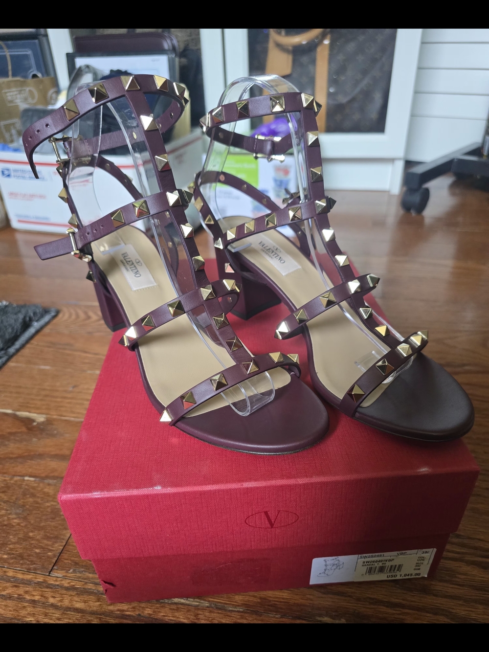 Valentino Rockstud Burgundy Leather T-Strap Sandals